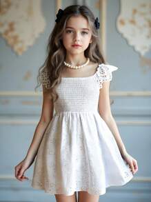 SHEIN Tween Girls Ruffles Sleeve Mid-Length White Cinched Waist Dress, Summer - White - View 1