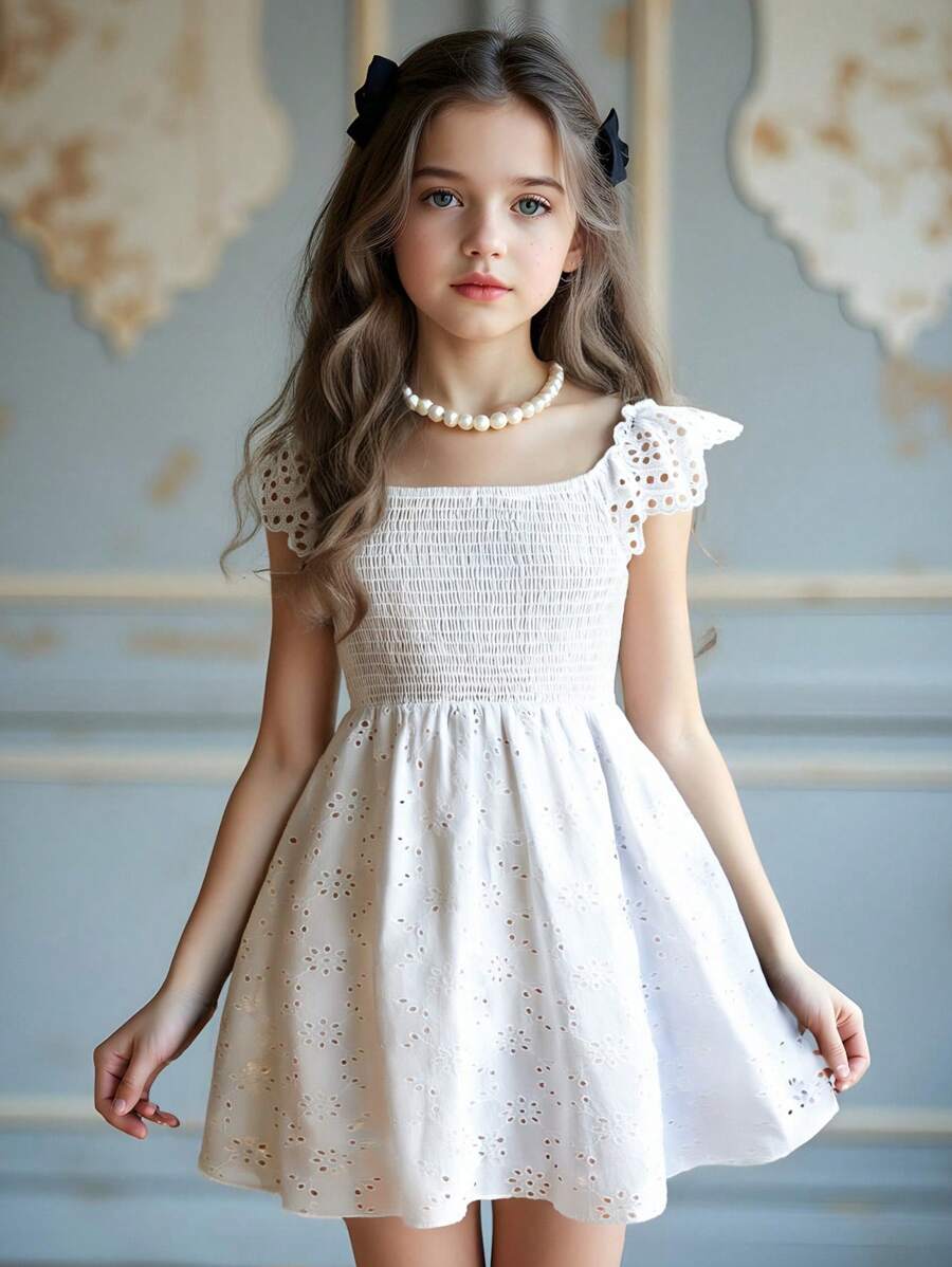 SHEIN Tween Girls Ruffles Sleeve Mid-Length White Cinched Waist Dress, Summer - White - View 1