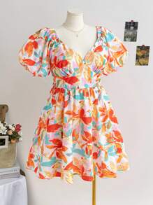 Soleia Plus Size Women Floral V-Neck Cinched Waist A-Line Short Dress, Romantic For Dates, Afternoon Tea - Multicolor - View 6