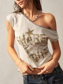 Bohemela Boho Women's Knitted Contrast Color Oversized Scoop Neck Short Sleeve Top With Asymmetric Hem - Beige - View 2