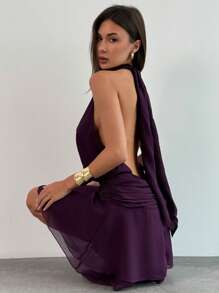 Aloruh 全新性感露背挂脖系带设计荷叶边无袖挂脖抗皱迷你甜美蛋糕连衣裙，春夏 - 紫色 - 查看 2