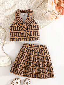 SHEIN 2 件套年轻女孩翻领纽扣前短袖图案印花衬衫上衣 + 松紧腰褶皱 A 字迷你裙，休闲时尚日常穿着夏季新款服装 - 棕色 - 查看 3