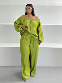 Maweii Plus Size Solid Color Off Shoulder Lantern Sleeve Top And Pants 2 Pieces Set Fall Cloth For Women - Lime Green - View 3