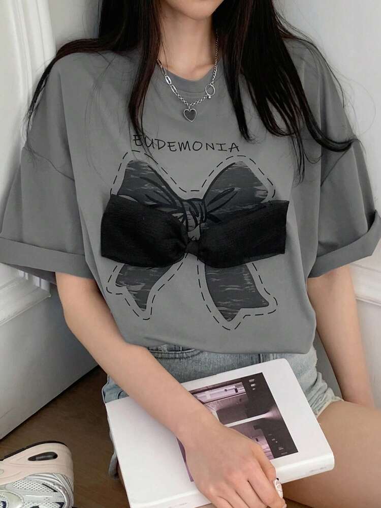 Women's Round Neck Short Sleeve T-Shirt With Bow Decoration Cute Tops,Graphic Tees