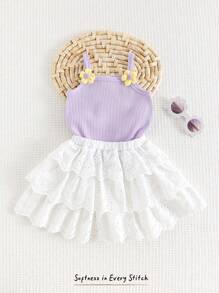 Cozy Pixies 2pcs/Set Baby Girl 3D Flower Knit Soft Camisole Top And Mesh Skirt Set