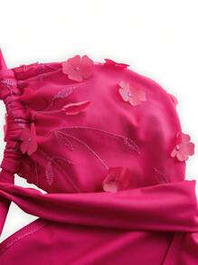 Swim Oasis 女士玫瑰红色露背系带花卉 3D 网眼刺绣连体泳衣，带网眼裙 2 件套，优雅度假/海滩度假，春夏季