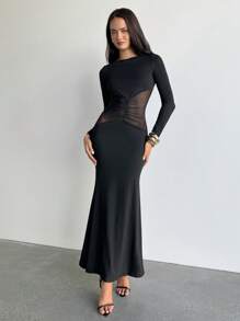 Aloruh 拼接长袖修身收腰迷你连衣裙，性感别致 - 黑色 - 查看 4