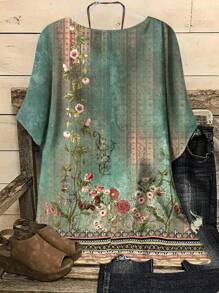 EMERY ROSE Plus Size Casual Floral Print Loose Fitting Round Neck Short Sleeve Shirt, Suitable For Summer