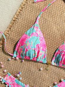 Swim Mod 女士夏季两件套服装 - 细肩带随机印花上衣和高腰泳裤、海滩度假比基尼套装 - 彩色 - 查看 4