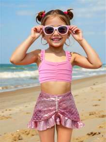 SHEIN Conjunto de tres piezas de traje de baño para niñas con estampado de escamas de pez, volantes y falda cover-up de playa - Multicolor - Ver 1