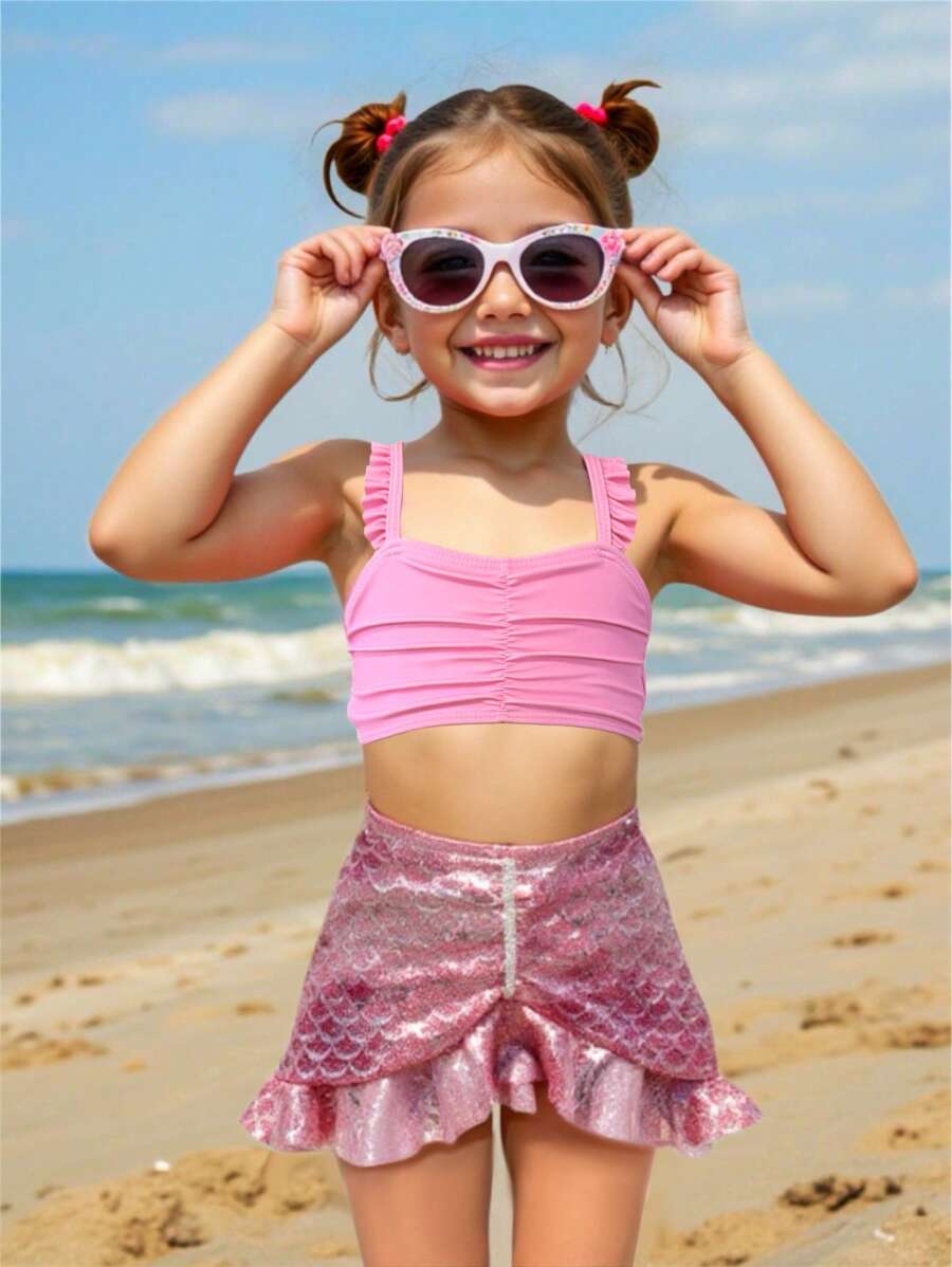 SHEIN Conjunto de tres piezas de traje de baño para niñas con estampado de escamas de pez, volantes y falda cover-up de playa - Multicolor - Ver 1