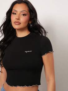 SHEIN Unity Top Aquarius Embroidered Astrology Star Sign Everyday Casual Streetwear Lettuce Hem Birthday Gift Cotton Thanksgiving Christmas NYE New Years Eve Outfits For Women T Shirt - Black - View 2