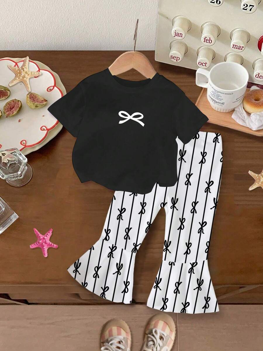 Baby Girl Set - Round Neck Butterfly Print Short Sleeve Black T-Shirt And Striped Butterfly Full Print Flared Pants