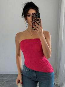 Chiquease Women Plain Textured Asymmetrical Camisole Top - Hot Pink - View 1