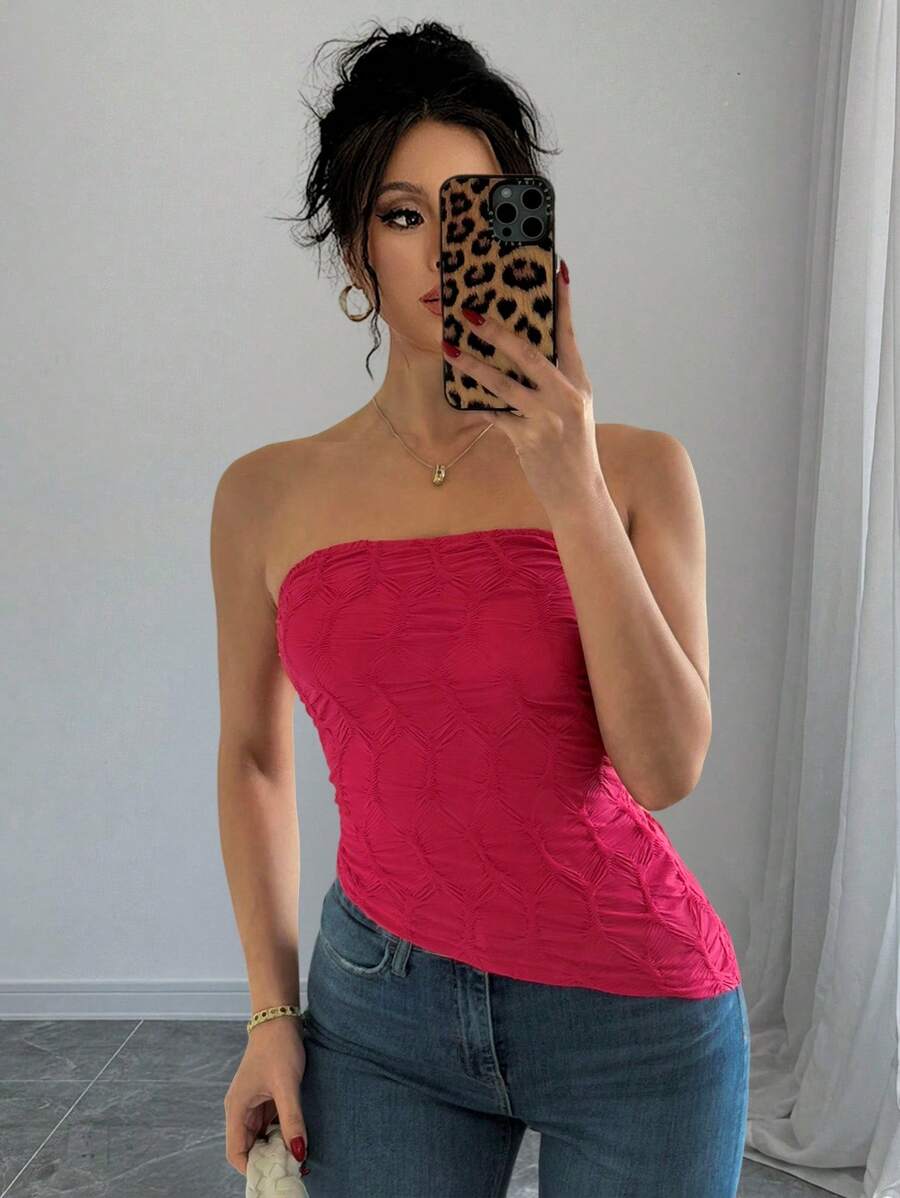 Chiquease Women Plain Textured Asymmetrical Camisole Top - Hot Pink - View 1