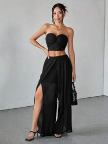 SHEIN PETITE 女士纯色雪纺宽腿宽松阔腿裤