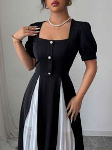 Elenzga Elegant Commuting Colorblock Pleated Patchwork Dress