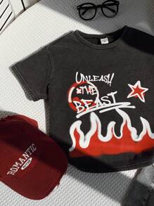 SHEIN Bolty 男童单件装休闲日韩街头风学院风雪洗印花短袖T恤，适合春夏穿着，适合大学、居家、日常、运动、生日派对、户外度假等场合，基础款，百搭简约