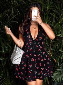 Sunnyshic Plus Size Jacquard Cherry Bowknot Dress