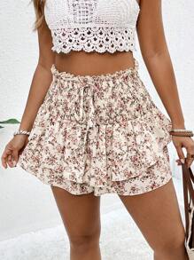 SHEIN Clasi Plus Size Holiday Floral Print Regular Spring/Summer Skort Shorts - Apricot - View 4