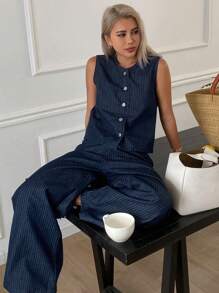 Livesso 女士休闲单排扣条纹牛仔背心和宽松阔腿裤套装 - 深色水洗藍 - 查看 5