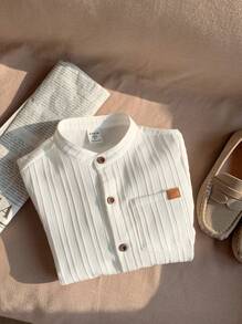 SHEIN LMoss Kids LMoss Young Boy Casual Basic Collared Shirt With Pockets, Comfortable And Breathable - White - View 5