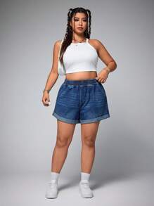 SHEIN EZwear Pantalones vaqueros de talla grande, sencillos y de moda, adecuados para el verano - Azul lavado oscuro - Ver 3