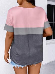 SHEIN LUNE Plus Size Color Block Casual Loose T-Shirt - Multicolor - View 2
