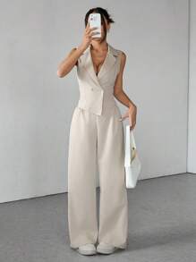 SHEIN PETITE Two Pieces Fall Outfits 2pcs/Set Women Solid Color Sleeveless Top And Pants Fall Clothes - Khaki - View 3