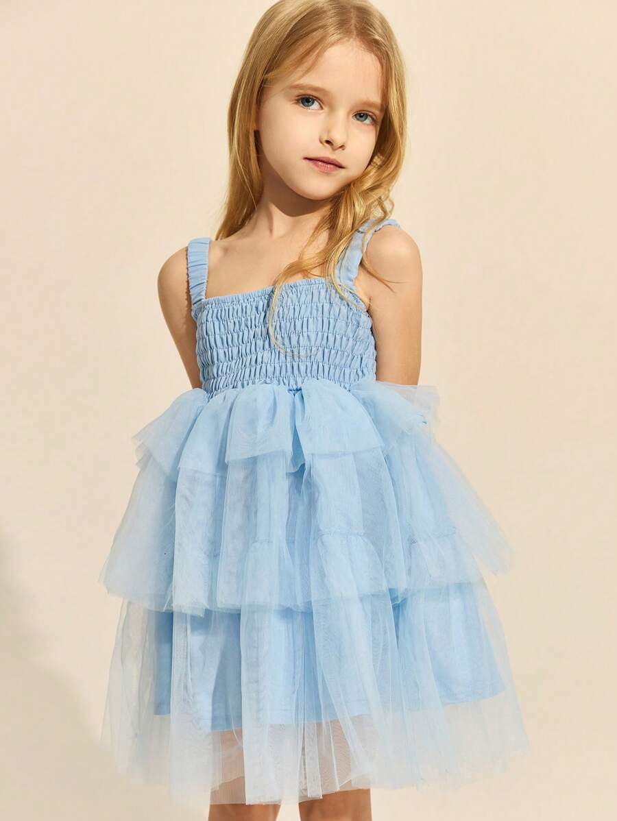 SHEIN Young Girls' Elegant Pink & Blue Mesh Fitted Sleeveless Dress, Spring/Summer - Blue - View 1