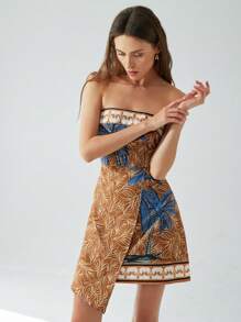 Aveloria Modichic Elegant Vacation Coconut Tree Print Bustier Faux Wrap Style Cinched Waist Women Short Dress