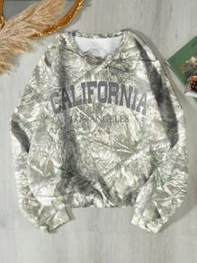 INAWLY 休闲街头风格迷彩字母印花宽松圆领运动衫女式套头衫秋季