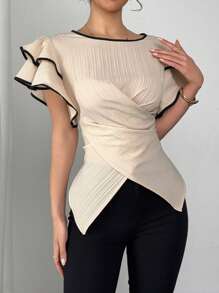SHEIN LUNE Blusa con doble capa de manga con volantes y lazo delantero para mujeres - Caqui - Ver 4
