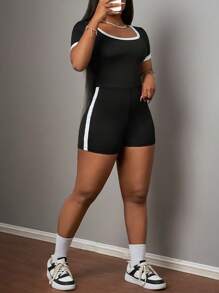 Slaydiva Women's Slim Fit Solid Color Side Striped Jumpsuit, Minimalistic & Fashionable For Summer - Black and White - View 3