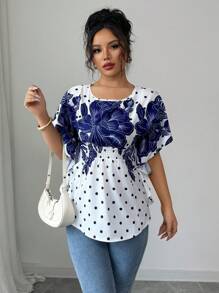 SHEIN Unity Women Floral Print Batwing Sleeve Casual Short Sleeve Shirt - Blue - View 6