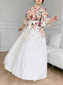 Feyla 女士优雅花卉印花百褶连衣裙 - 白色 - 查看 6