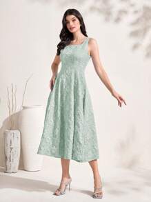 Modelyn 花卉拉链后背方领连衣裙超长款女士装长款晚礼服 - 薄荷綠 - 查看 4