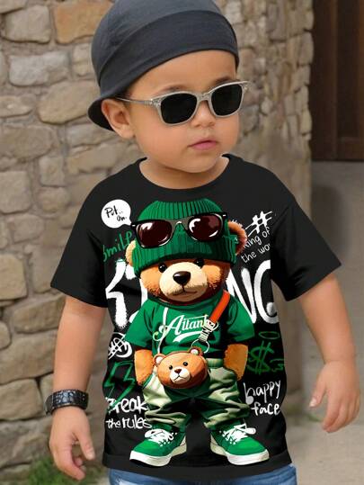 SHEIN 男童休閒簡約卡通熊設計寬鬆短袖T恤，適用於夏季