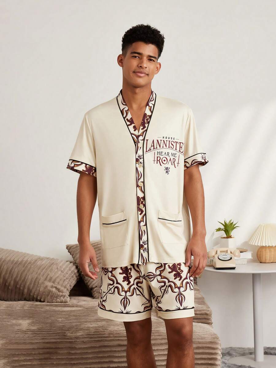 Game of Thrones X SHEIN 男士字母印花口袋短袖上衣和短裤家居服套装