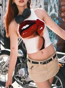 INAWLY Digital Print Sexy Red Lip Round Neck Ladies Tank Top - Multicolor - View 4