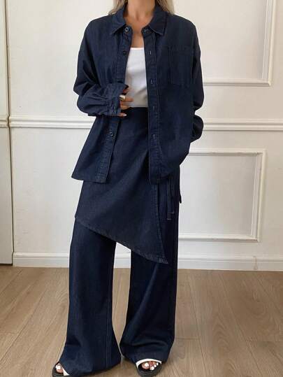 Livesso 女式牛仔衬衫和裤子两件套，简约时尚的夏季服装