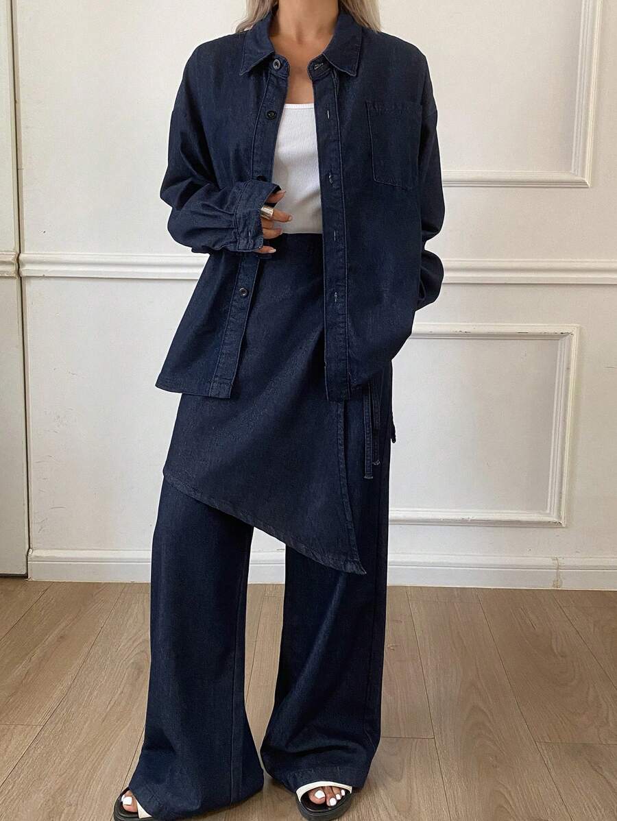 Livesso Bộ 2 món áo sơ mi và quần denim cho nữ, trang phục mùa hè tối giản và thời trang - Rửa tối - Xem 1