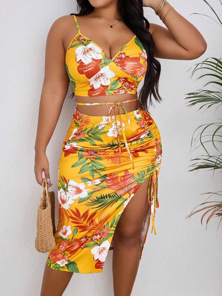 Breezaya Plus Size Tropical Print Camisole And Drawstring Waist Slit Hem Skirt 2 Pieces Set, Casual Holiday Style