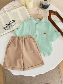 SHEIN Bộ quần áo và quần short thoải mái thoáng khí cho bé trai LMoss Kids - Màu xanh Bạc hà - Xem 7