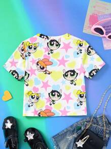 THE POWERPUFF GIRLS X SHEIN Young Girl Cartoon Love Star Print Cute And Lively Casual Short-Sleeved T-Shirt - Multicolor - View 2
