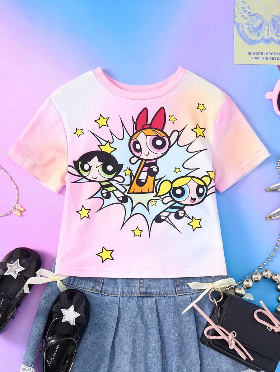 THE POWERPUFF GIRLS X SHEIN Tee-shirt à manches courtes pour bébé fille avec un joli motif de fleurs, de bulles et de boutons d'or en tie dye rose