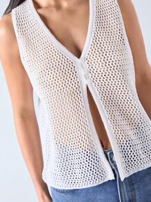 LYSMO Summer Casual Solid Color Hollow Out Knitted Sleeveless Top - White - View 6