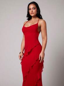 Silquee 春夏度假纯红色，浪漫情人节约会勃艮第红色，酒红色休闲连衣裙，女士荷叶边下摆不对称吊带裙，情人节约会连衣裙，派对连衣裙，婚礼伴娘连衣裙，舞会连衣裙，日常通勤连衣裙，红色连衣裙，生日迷你连衣裙 - 紅色 - 查看 7