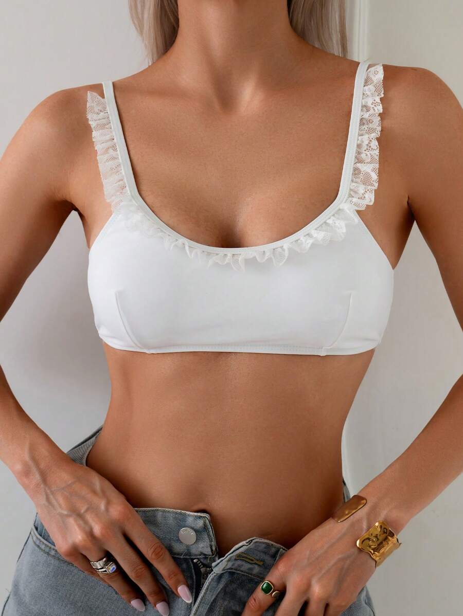 SHEIN 女士可调节肩带纯白色蕾丝花边可爱优雅泳装 - 白色 - 查看 1