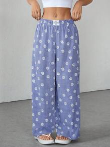 SHEIN PETITE 女士字母贴花、雏菊花卉格子图案休闲阔腿裤 - 藍色 - 查看 3